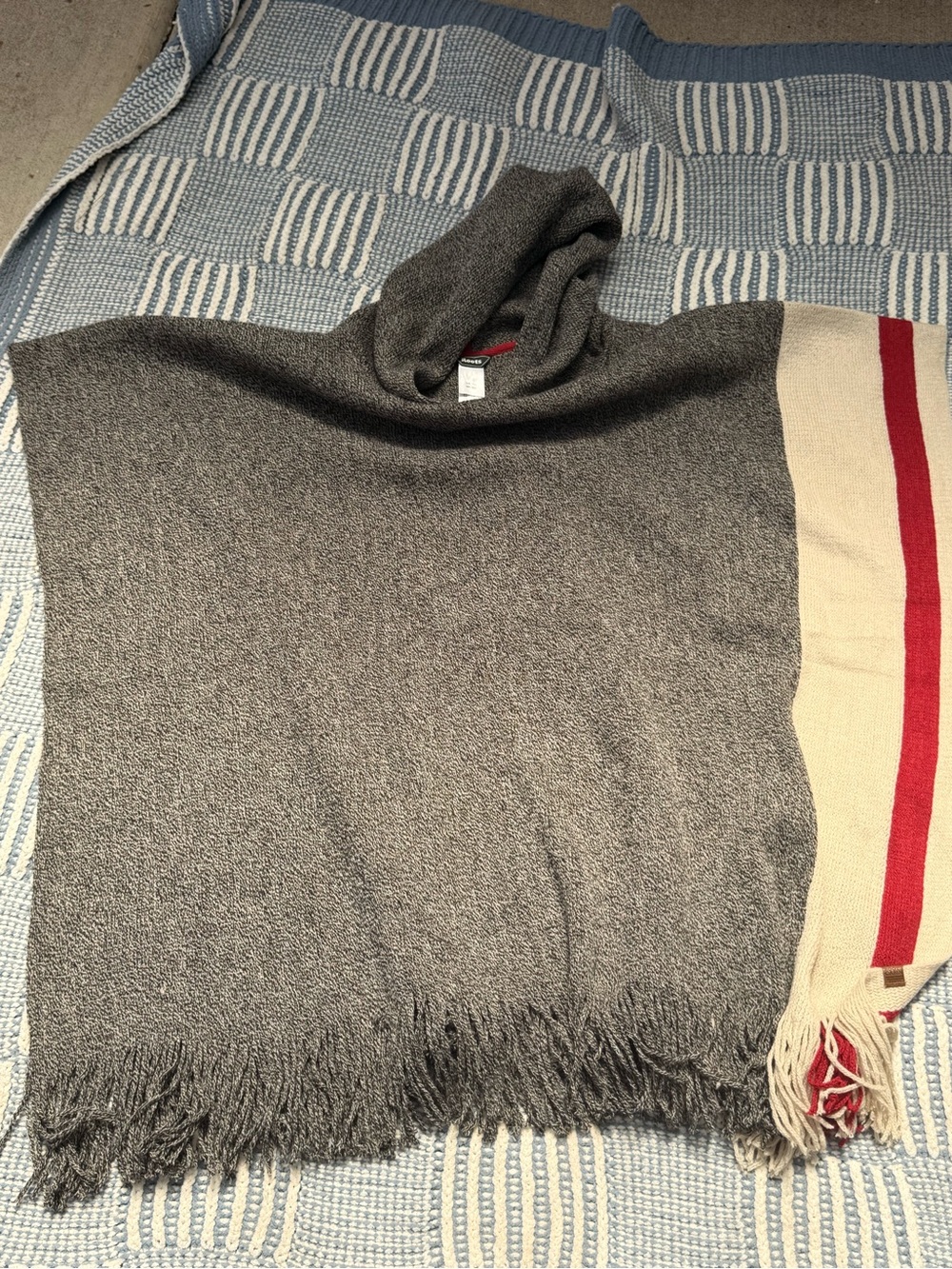 Roots Gray Hooded Fringe Poncho with Cream & Red Stripe